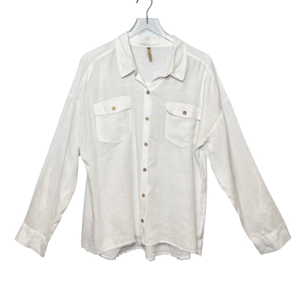 XCVI White Linen Women’s Button Down Lagenlook Raw Hem Shirt Sz L